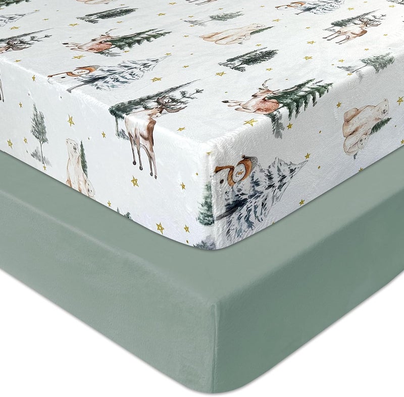 AMROSE 2 Pack Microfleece Crib Sheets, 28'' X 52'' Flannel Fleece Crib Fitted Sheets for Crib and Toddler Mattress Pad, Soft Comfy Warm Crib Sheets for Boys Girls, Winter Woodland - Image 1